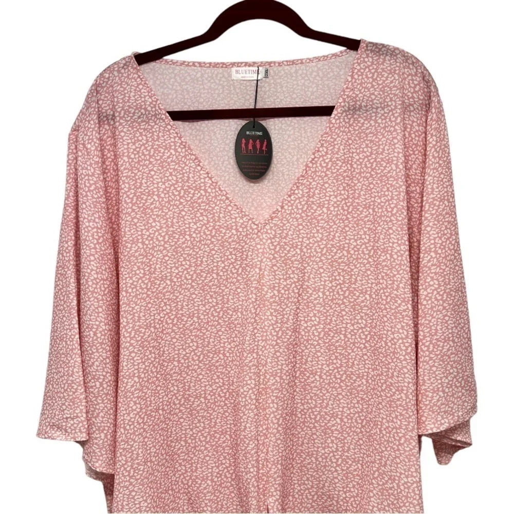 Bluetime NEW Pink & White Print V Neck 3/4 Sleeve Tie Front Top Women’s 2XL - Picture 4 of 9